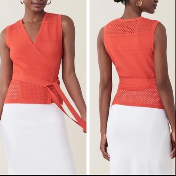 Diane Von Furstenberg Saffa Perforated Knit Wrap Top in Spicy Orange Size Medium - Picture 10 of 10